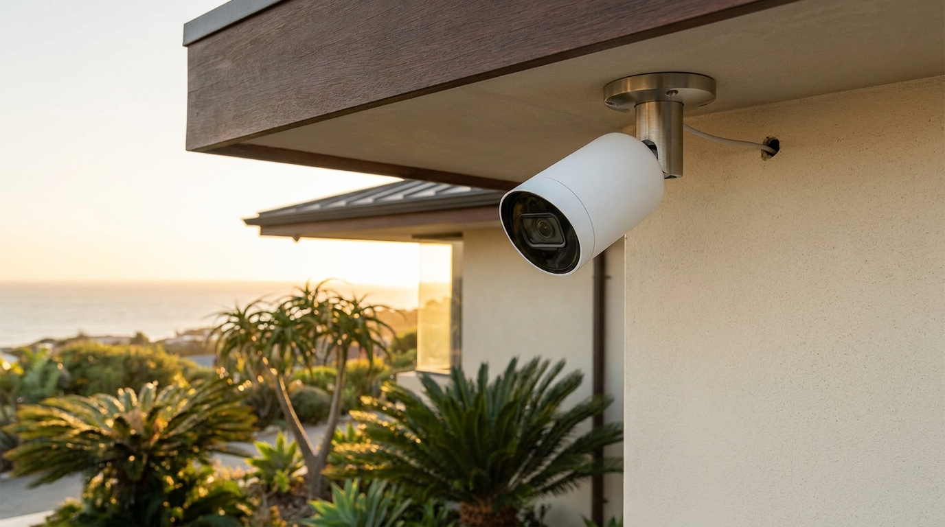 CCTV security camera mounted on a modern home exterior