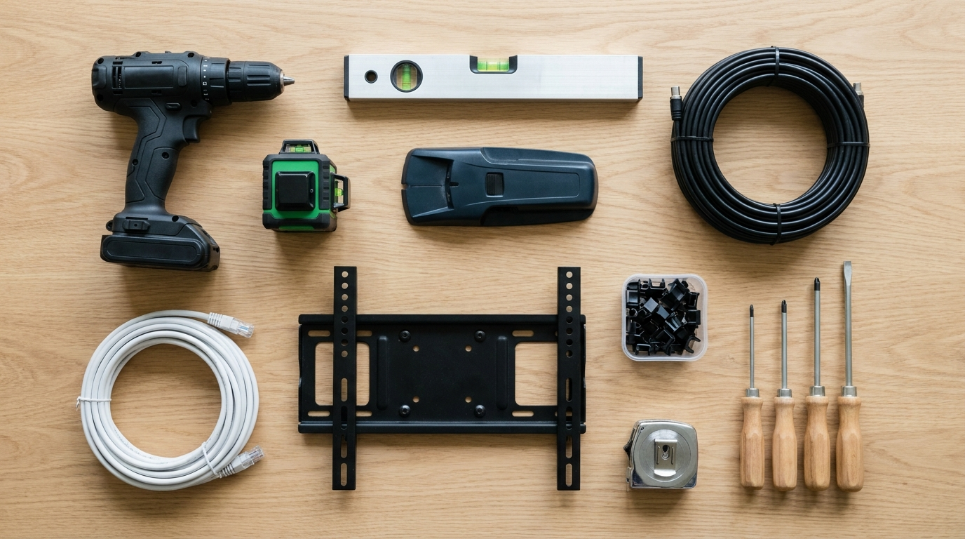 Installation tools laid out on a workbench